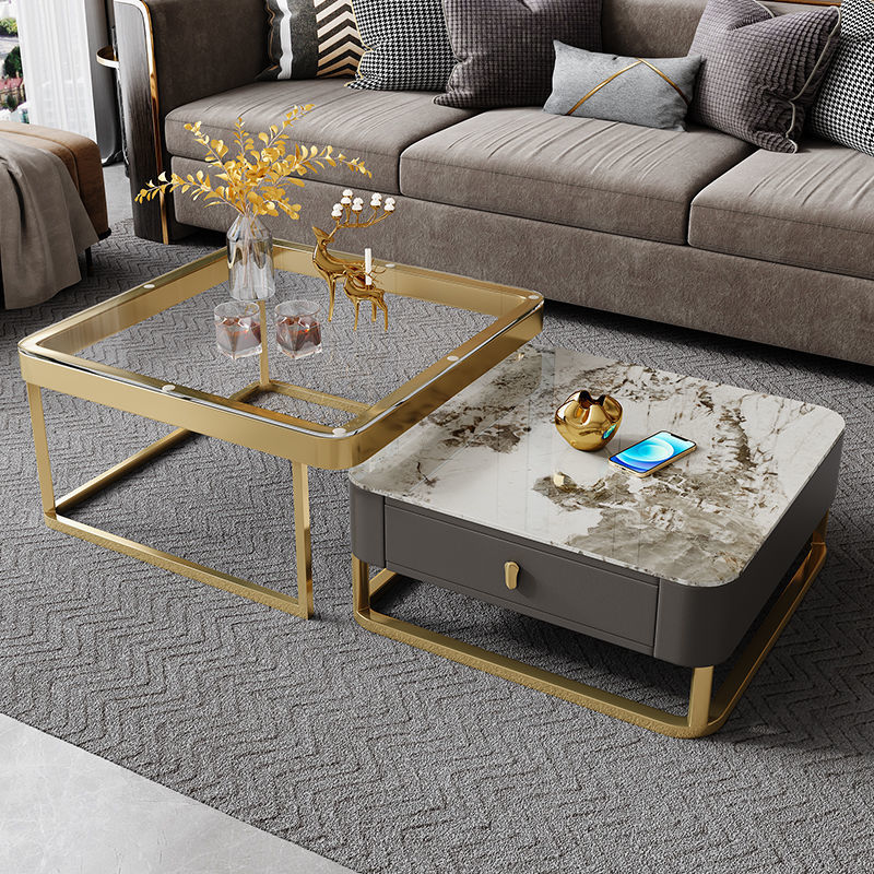 方形玻璃岩板茶几轻奢简约大小组合创意客厅桌 金腿亮面潘多拉 灰柜