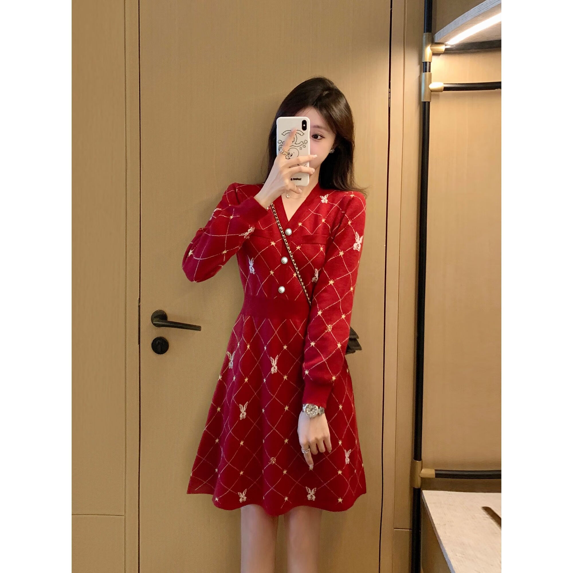 宁墅早秋款小个子a字碎花泡泡袖连衣裙新年战袍兔年时尚本命年衣服过