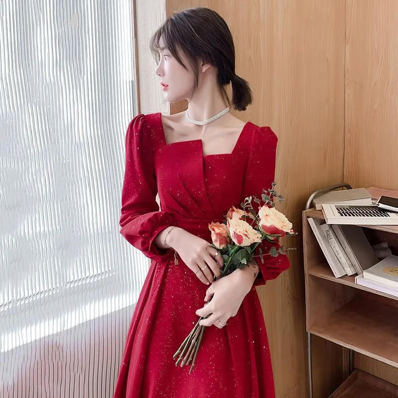 尤克達(dá)蒂（yookdd）敬酒服新娘長袖修身小紅裙平時可穿訂婚連衣裙結(jié)婚晚禮服裙8990 酒紅色 S