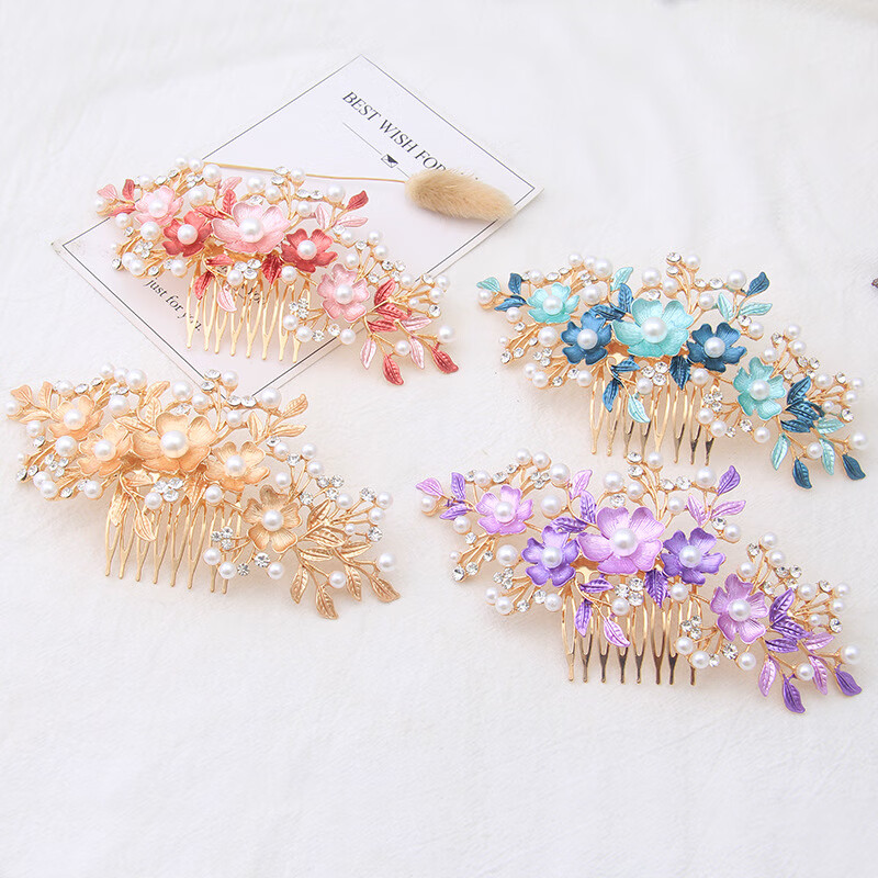 婚礼烤漆花卉发梳玫瑰花朵合金女士发饰新娘盘发插梳 FS20921蓝