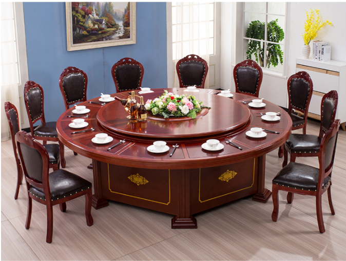 酒店饭店仿实木圆形餐桌宴会桌子中式仿古旋转带转盘雕花自动大圆桌