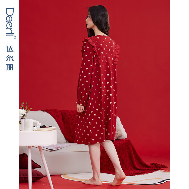 达尔丽红色睡裙女纯棉春秋圆领长袖中裙新款本命年甜美蝴蝶结印花连衣裙 T8246218-029-红色 2XL