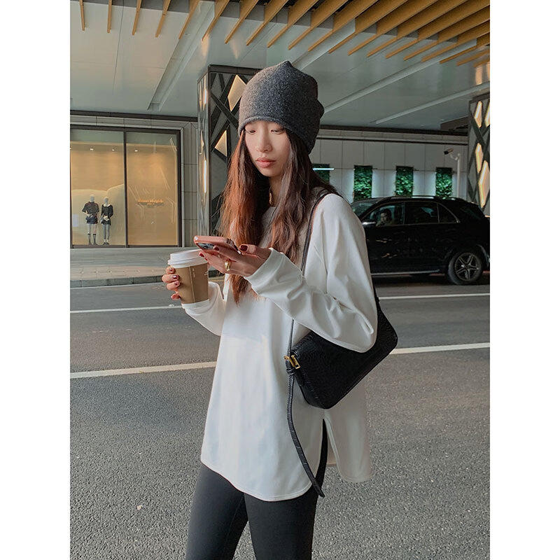 内搭王者 叠穿开叉黑白基础德绒t恤衫慵懒宽松长袖内搭衣 白色 m 模特