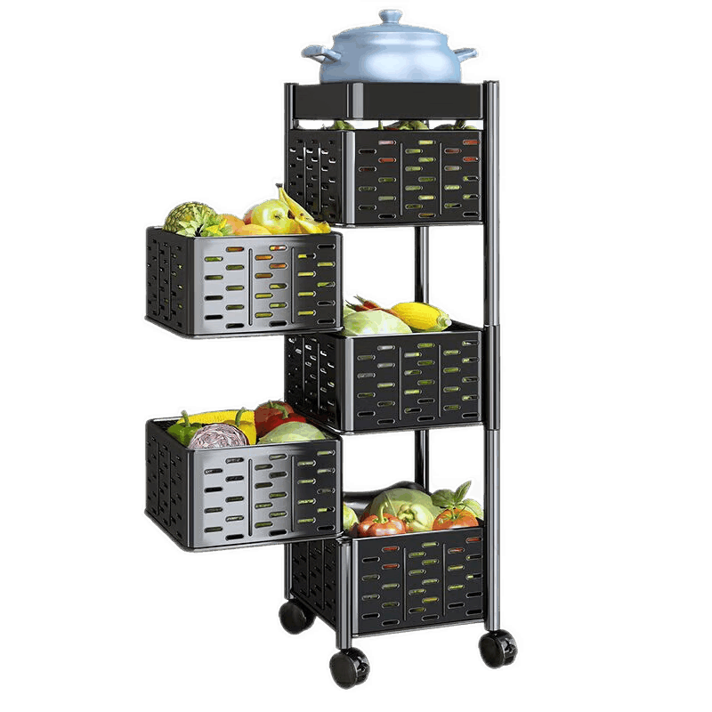 曼莎佳人 厨房旋转式置物架免安装落地多层菜篮子家用多功能放果蔬菜杂物收纳架 黑色可旋转-4层【升级磁吸款-篮子可拆】