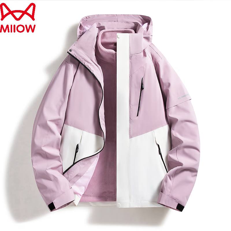 猫人(MiiOW)户外冲锋外套三合一 | 2024新款秋季 | 防泼水登山服套装 浅紫/象牙白 XL