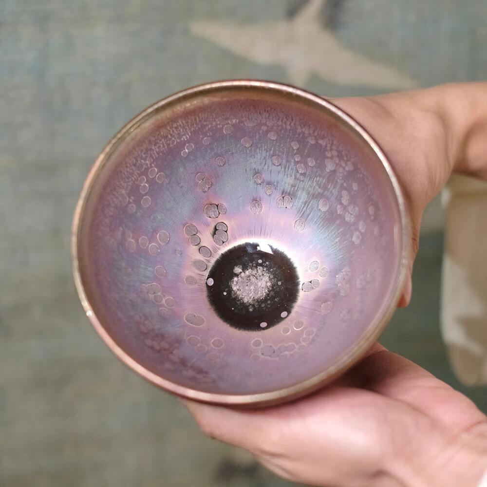 宋研  游吾雄手工彩金粉油滴点茶盏 仿宋点茶大束口建盏抹茶碗 全手工