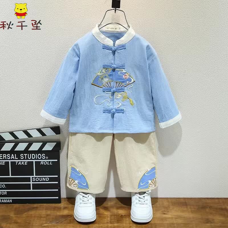 秋千坠汉服男童夏装2023新款古风帅气儿童中国风夏季国潮女宝宝古装套装 蓝色男童长袖 90码(1-2岁-身高80-90CM) 90码使用感如何?