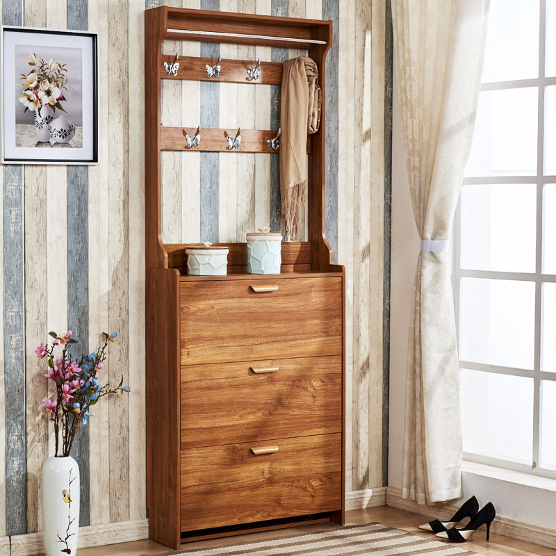 门口进门简易鞋柜多功能带衣架经济型大容量 柚木色 长70宽17高207
