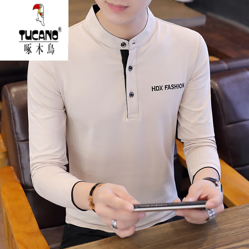 啄木鸟（TUCANO）男士长袖t恤立领polo韩版秋衣纯棉上衣服春秋秋打底衫潮男装 97005卡其色 170/L