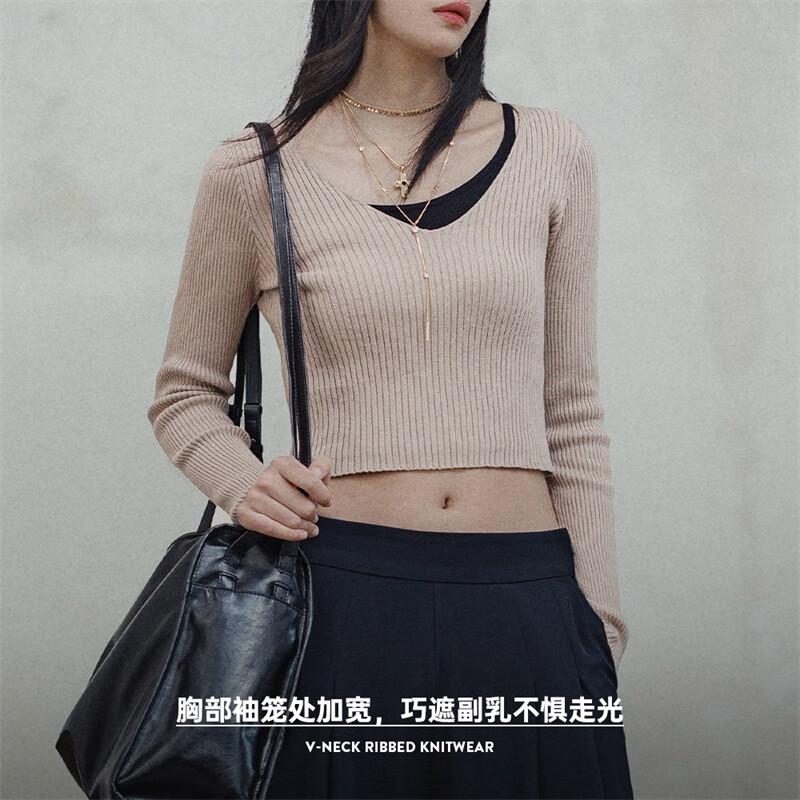 马登女装 美式复古针织纯棉内搭V领显瘦打底衫秋短款修身百搭上衣 烟灰色 M