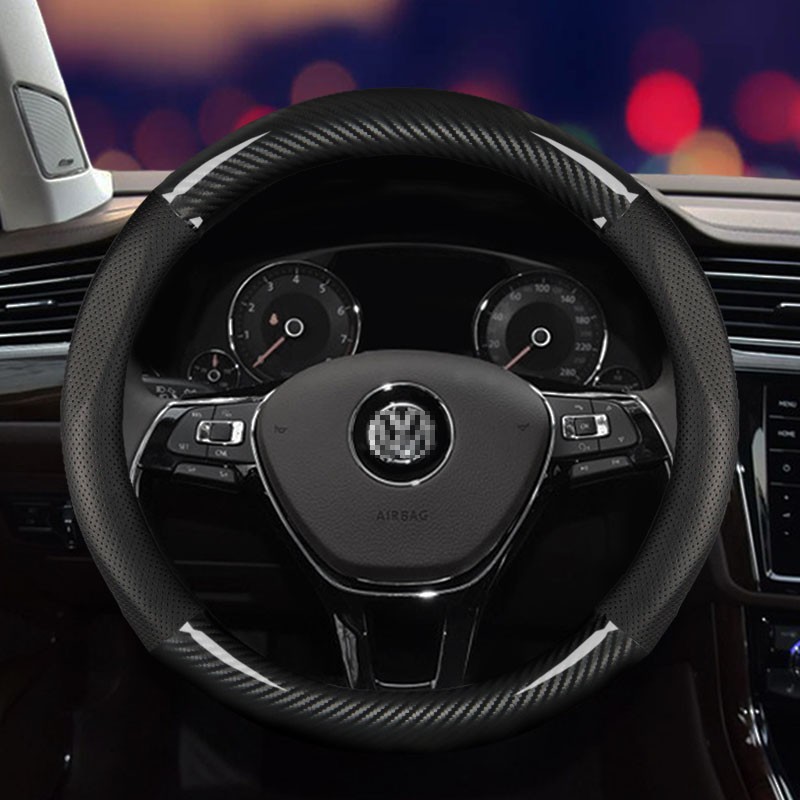 达珀德 方向盘套汽车真皮把套四季通用防滑专用碳纤牛皮免手缝 适用于 大众新朗逸速腾途观L帕萨特迈腾宝来桑塔纳捷达蔚领 圆型真皮碳纤【黑色款+运动标】