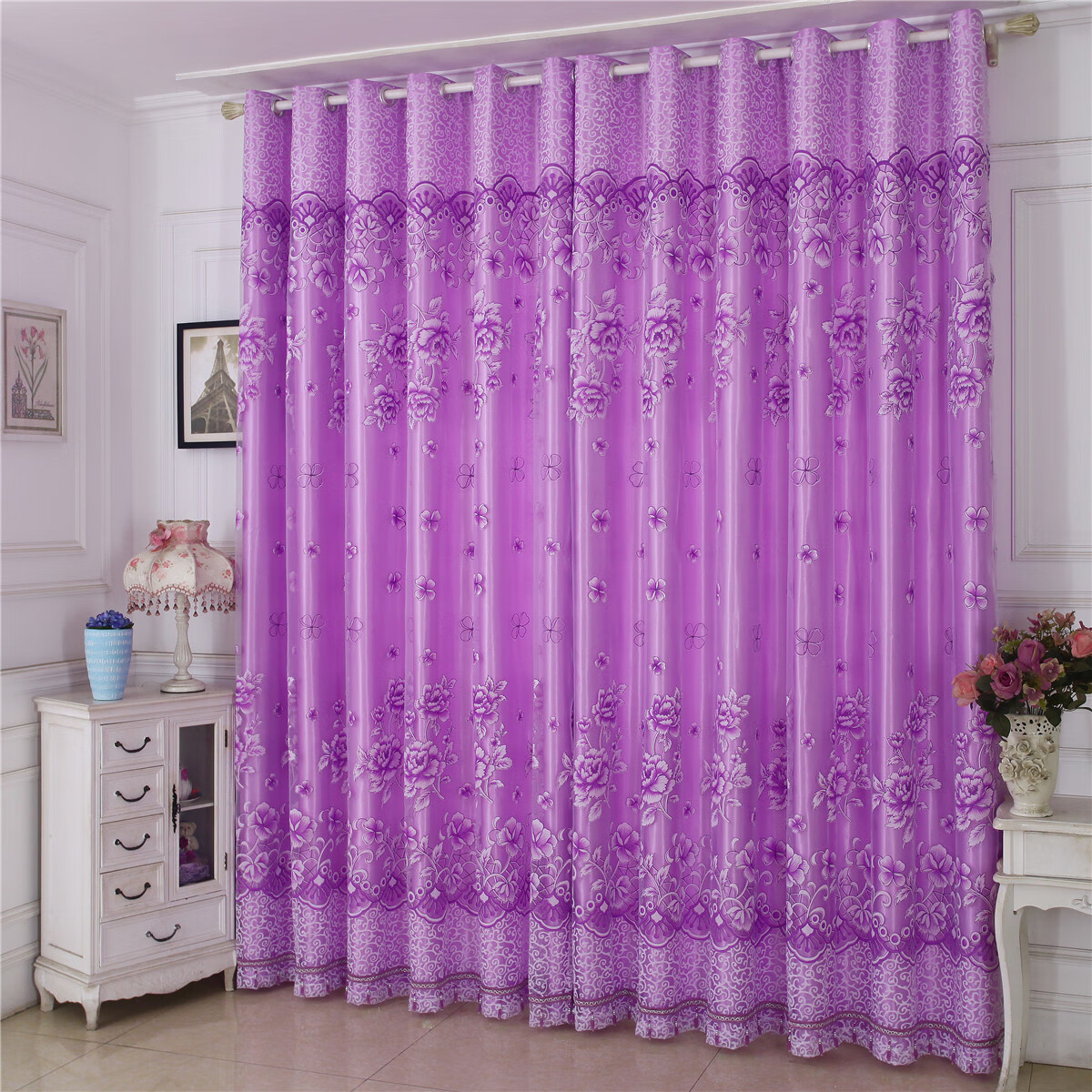 库班猪田园风成品窗帘窗纱客厅卧室遮光碎花飘窗成品 紫色(布 纱)挂钩