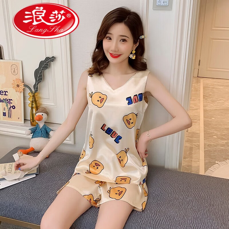 浪莎(langsha)夏季睡衣女冰蚕丝韩版无袖短裤背心薄款带胸垫真丝绸