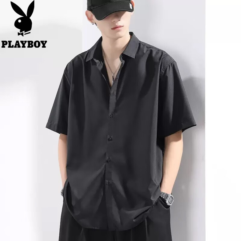 百亿补贴：花花公子高档黑色衬衫男长袖抗皱免烫休闲宽松大码冰丝潮流男士衬衣 2212黑色（短） 3XL