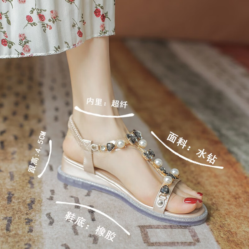 萱俪妮(XUANLINI)凉鞋女士夏季室外穿2025新款坡跟平底防滑时尚百搭水钻一字露趾鞋 绿色18 40