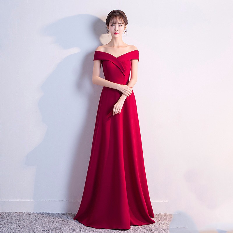 yinfan敬酒服新娘夏款新款长款结婚礼服现代红色一字肩宴会晚礼服女大