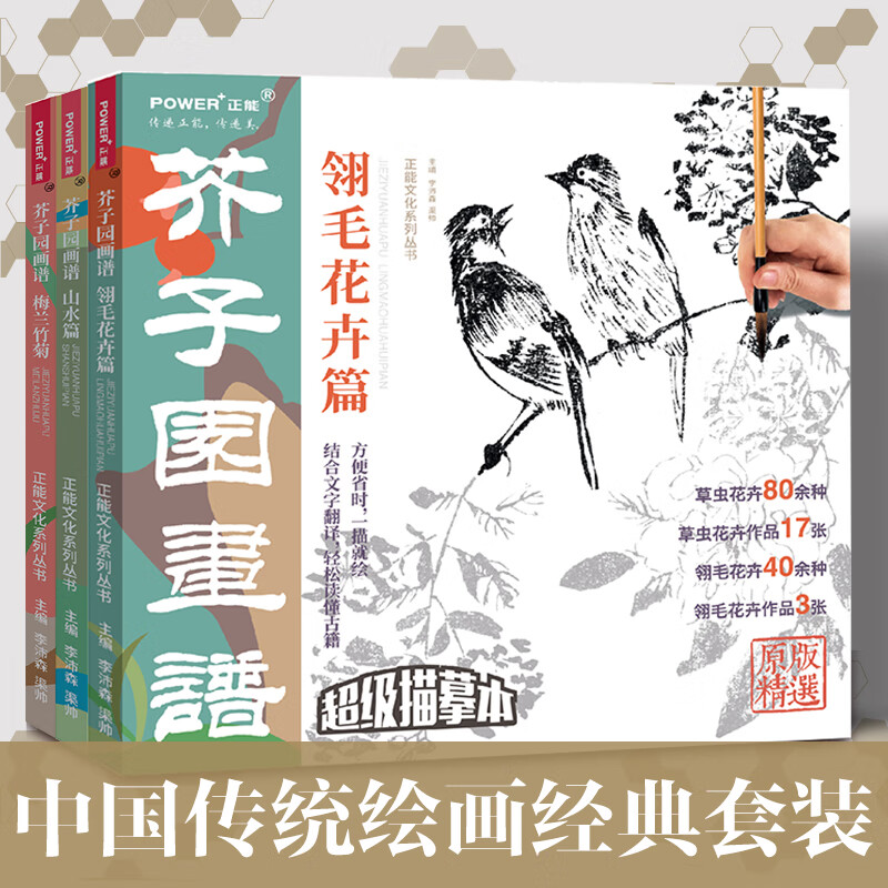 芥子园画谱 3本一套 梅兰竹菊 山水 翎毛花卉 描摹本 中国传统绘画经典课本 黑白中国画临摹范本入门