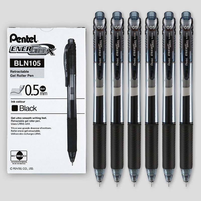 彦乐 日本Pentel派通按动中性笔黑色0.5大容量签字笔BLN-105顺滑速干学生办公 5支黑笔 0.5mm