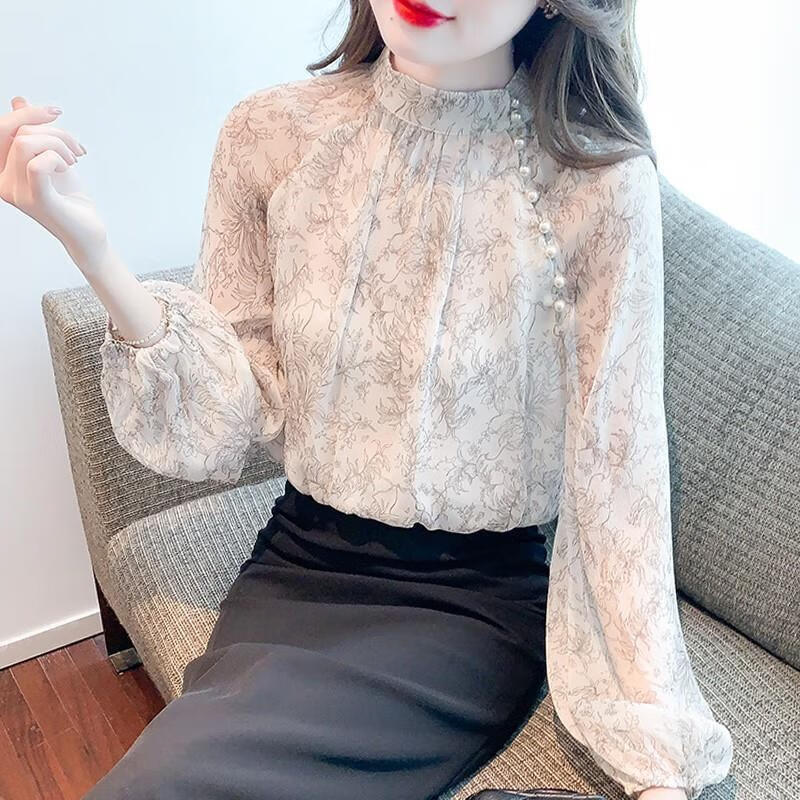 浮泽春装2023新款时尚印花雪纺衬衫女士钉珠上衣别致减龄小衫洋气 图片色 S 80-95斤