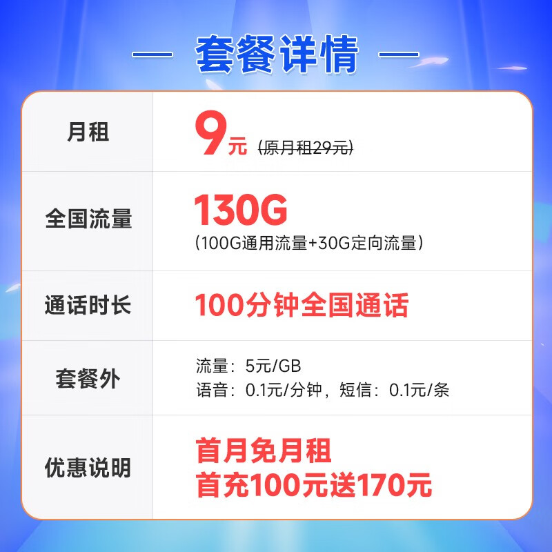 中国电信 手机卡流量卡电信上网卡5G不限速号码卡电话卡低月租全国通用 真香卡9元130G+100分钟