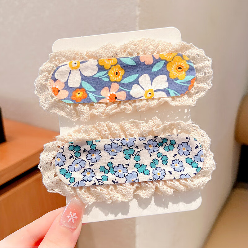 魔术贴女童刘海贴儿童田园风碎发梳理整理宝宝发女头发粘发饰 蓝色花朵蕾丝边发帖2件套