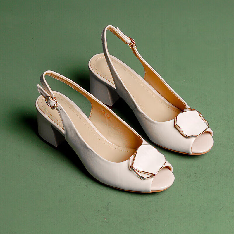 浪蔷夏天单鞋女鱼嘴鞋鱼嘴女真皮夏天穿的新款浅口粗跟后空中跟高跟鞋