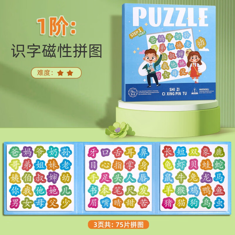 艾風(fēng)格兒童磁力貼識字拼圖板寶寶3到6歲卡片幼兒早教小學(xué)生磁性玩具 【初階】磁力識字拼圖(75個字)