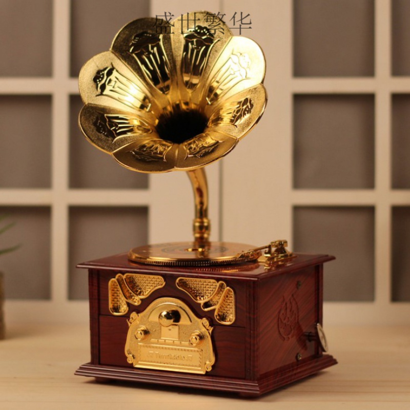 复古八音盒留声机 发条式音乐盒复古八音盒生日送女生情人装饰摆件小