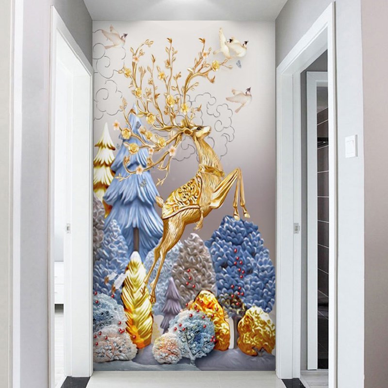 【京车精选】走廊过道竖版壁纸5d玄关背景装饰欧式壁画3d立体墙布简约