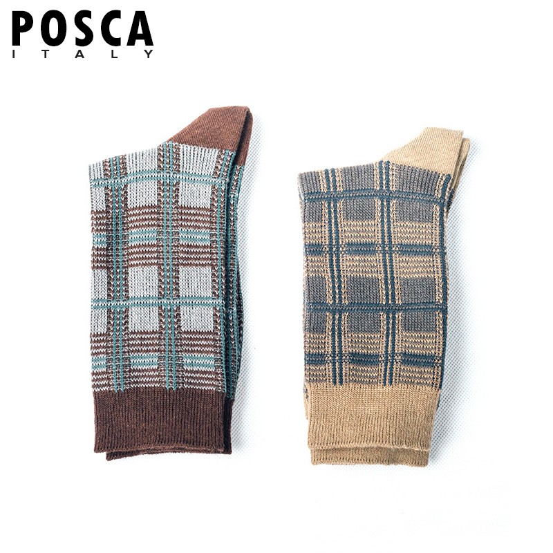 POSCA奢侈品男装棉袜系列双针袜子男中长筒潮袜内无虚线粗线男士袜 格子混色（2双） 38-43男士均码