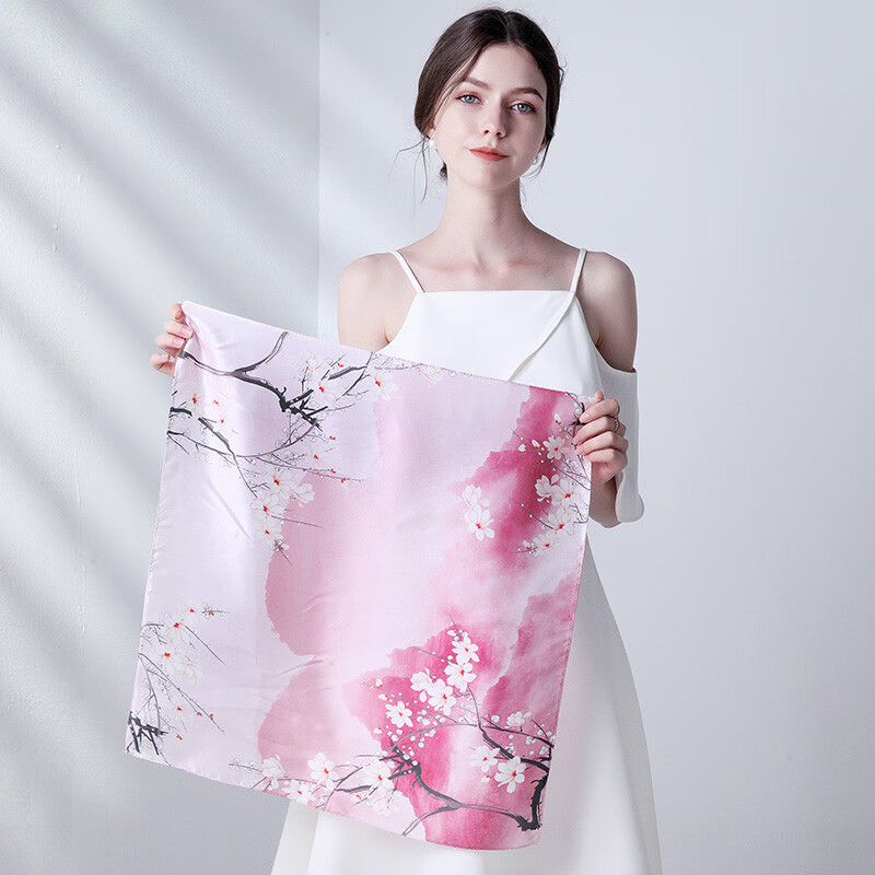 达芬奇密码 纯真丝小方巾 丝巾女性春秋围巾 OL领巾 望梅看山 粉色