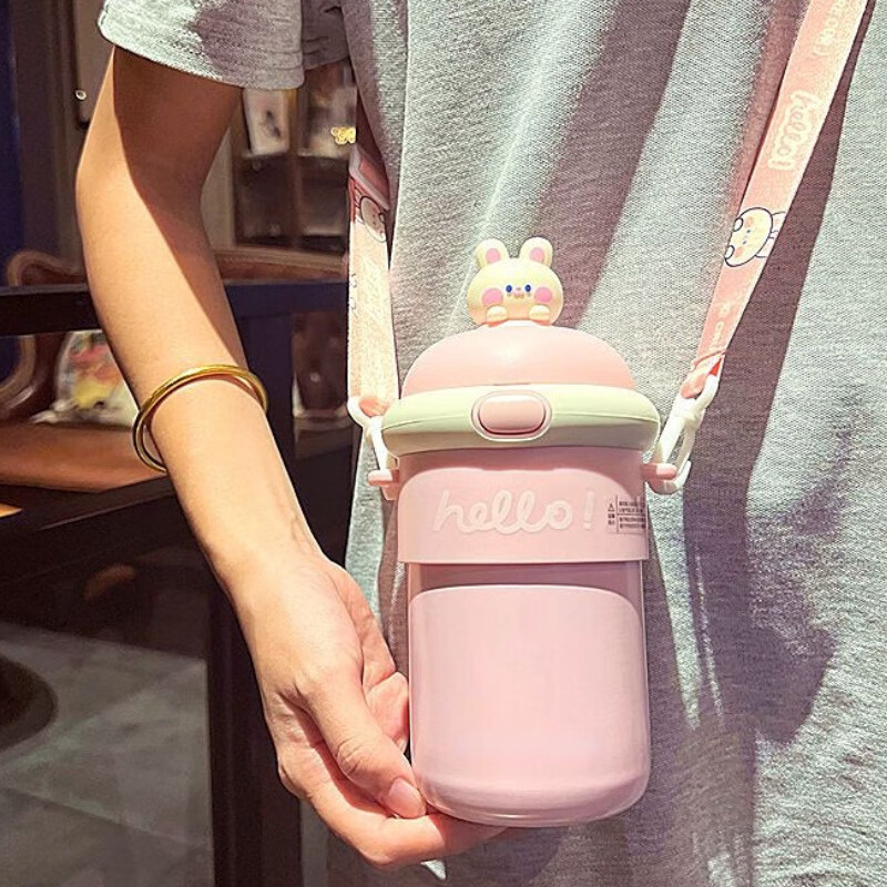 可爱吸管弹跳杯保温杯双层不锈钢女生高颜值水杯便携学生斜挎杯子 粉色(玻璃内胆 450ml(送3D贴+背肩带