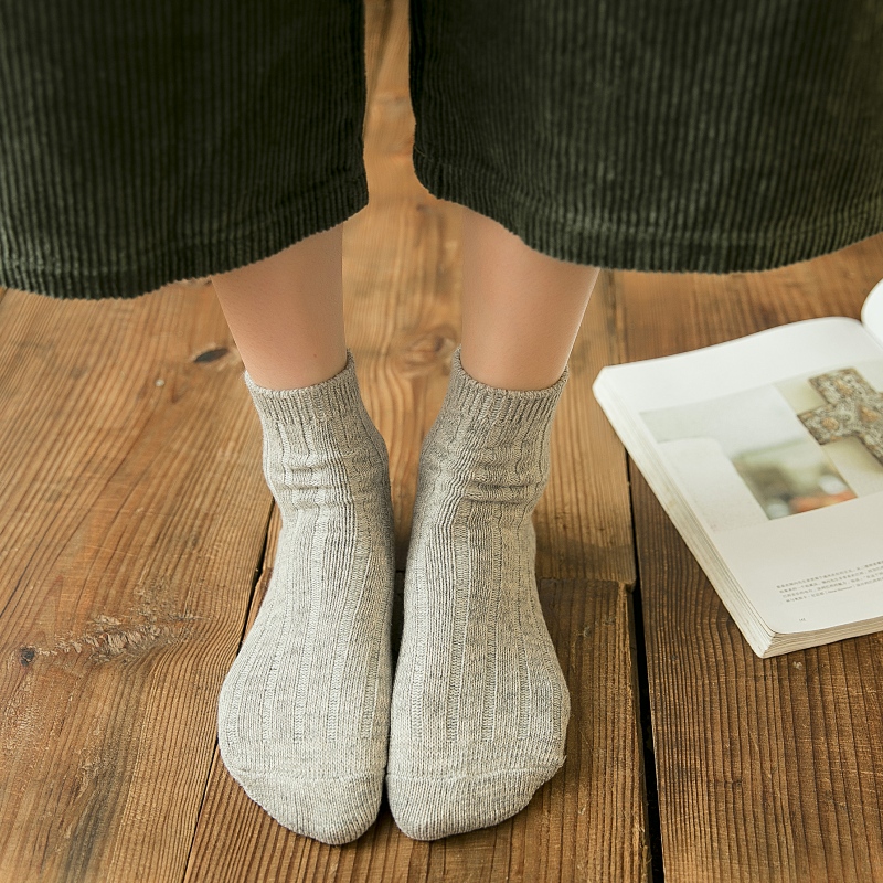 复古粗线棉纯女袜中筒袜子 复古粗线女茶5双装