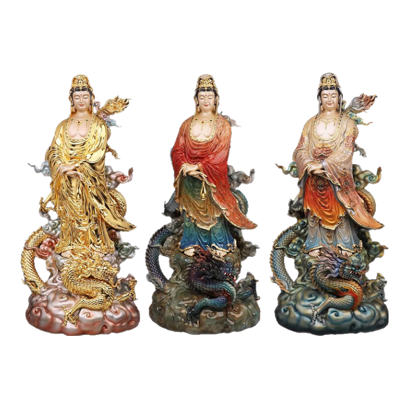 吉旺來純黃銅乘龍觀音菩薩佛像家用辦公室供奉大型落地站龍南海觀音擺件 站龍觀世音【珠光彩繪】 高68cm/尊，預(yù)售