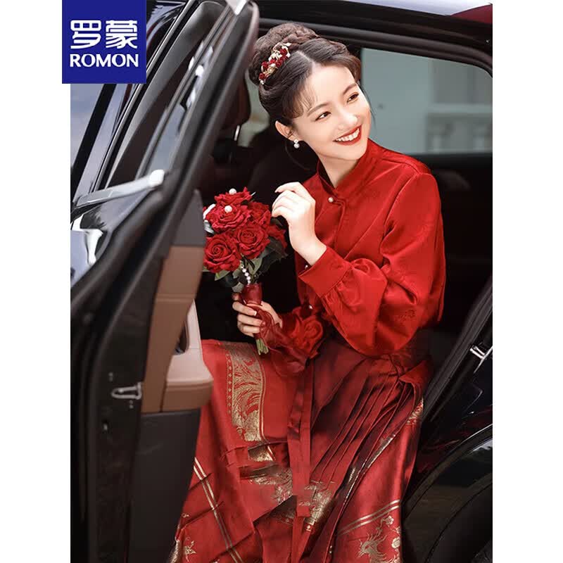 罗蒙酒红色新娘敬酒服2023新款汉服旗袍改良马面裙国风新中式订婚礼服 上衣 S 推荐 85-100斤怎么看?