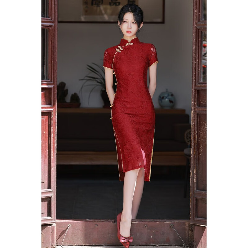 嘉旭彤红色旗袍2024年新款年轻款改良连衣裙少女夏季敬酒服订婚蕾丝