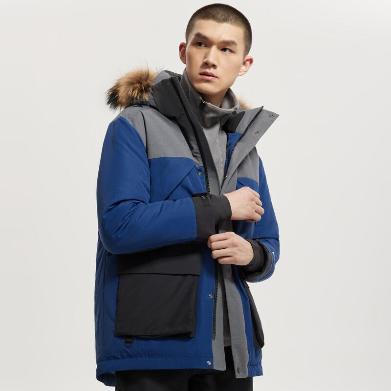 羽绒服男冬季中长款毛领连帽外套男士户外休闲保暖舒适男装 深蓝 175