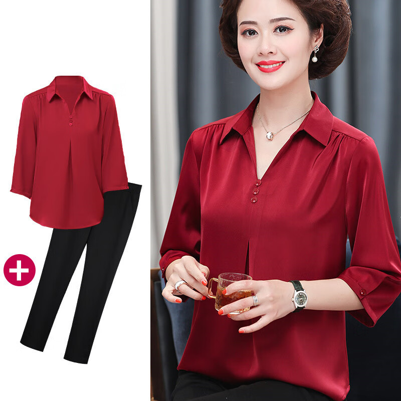 菲奢蘭夏季喜婆婆兩件套中年女媽媽喜服上衣結(jié)婚宴禮服大碼小衫紅色套裝 酒紅+黑褲兩件套 4XL_135-150斤