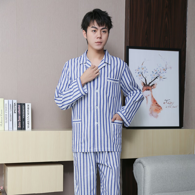 男长袖病员服套装医院患者服裤子男女衬衫病人易穿 蓝白条长袖套装 s