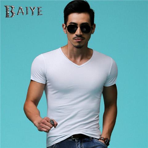 低领口大v领紧身衣夏装男士紧身t恤纯色打底衫弹力莱卡鸡心领紧身t恤