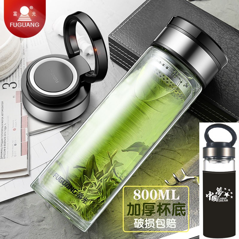 富光玻璃杯单双层加厚男大容量泡茶水杯子便携提手隔热杯套 提环单层加厚(钢内盖) 800ml