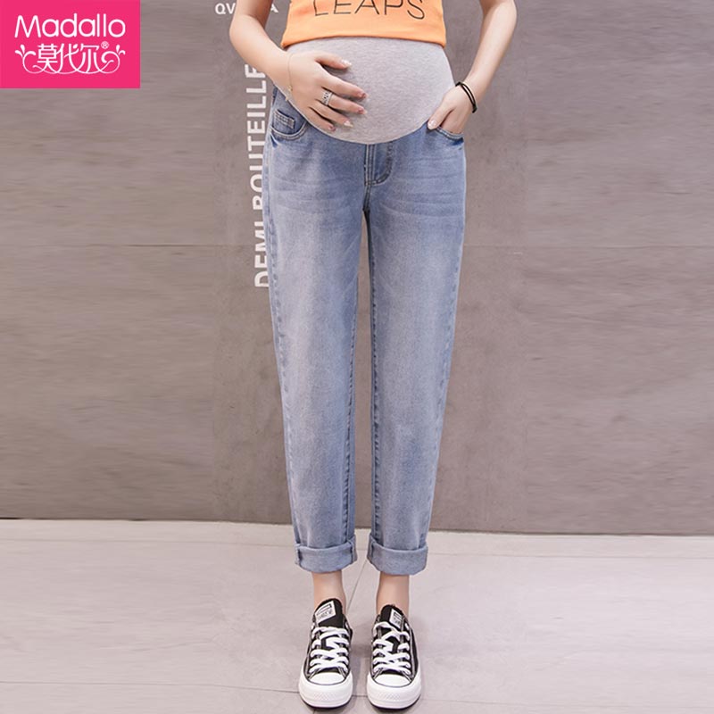 莫代尔 Madallo 孕妇牛仔裤托腹夏款孕妇装老爹裤外穿打底裤时尚托腹裤潮妈蓝色牛仔裤 灰色(80-110斤)