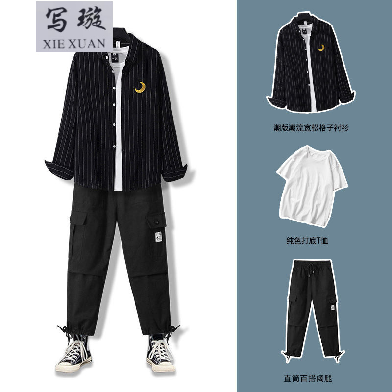 登 男装一套秋季衣服潮牌宽松衬衫男韩版帅气潮流搭配工装裤休闲套装