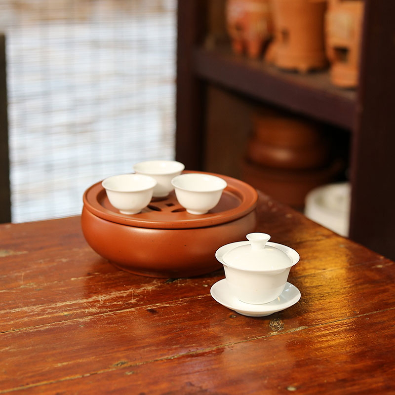 潮州手拉紫砂茶船壶承朱泥功夫茶盘圆形大号10寸家用茶台蓄水茶海利瑞