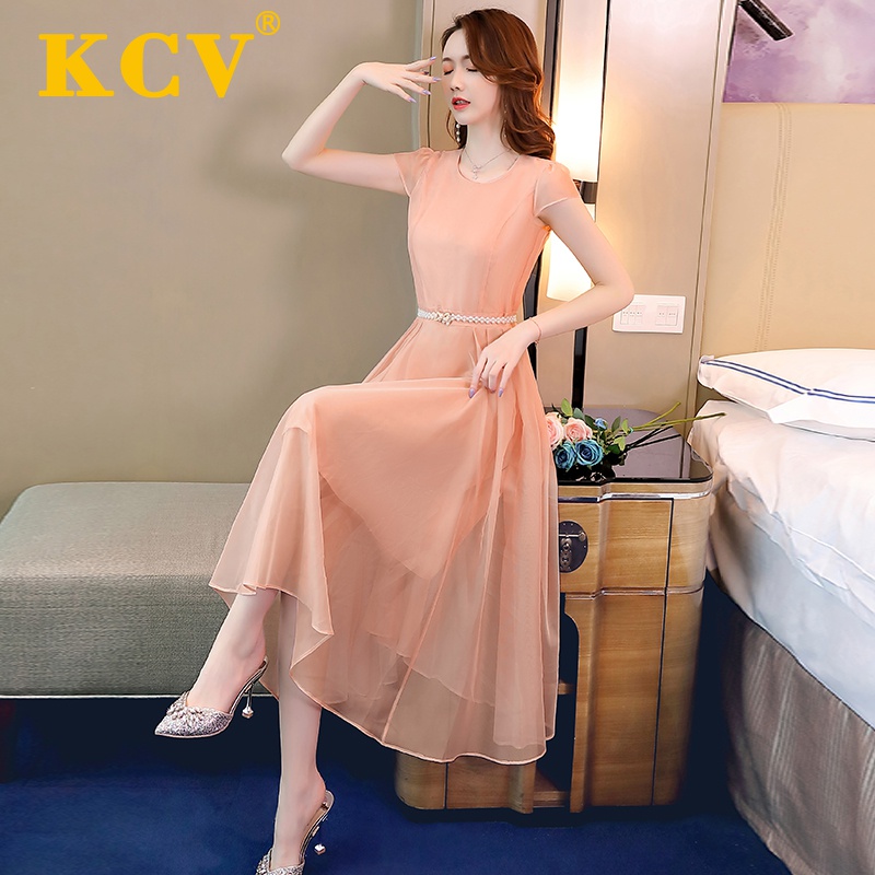 KCV女装雪纺连衣裙女夏季新款小个子气质收腰显瘦高腰长裙短袖裙 杏色（颜色偏白） XL(建议110-120斤)