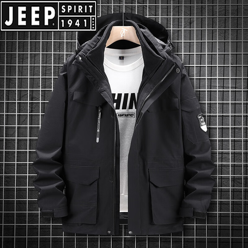 吉普（JEEP）胖子潮牌沖鋒上衣外套男2025新款三合一可拆卸加肥加大碼夾克兩件 黑色 7XL (250-270)斤