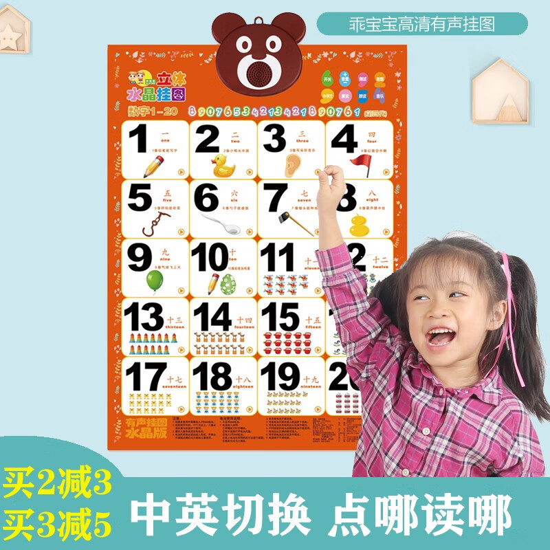 乖宝宝高清水晶有声挂图凹凸立体数字早教拼音发声识字卡语音玩具 褐色 六张自选
