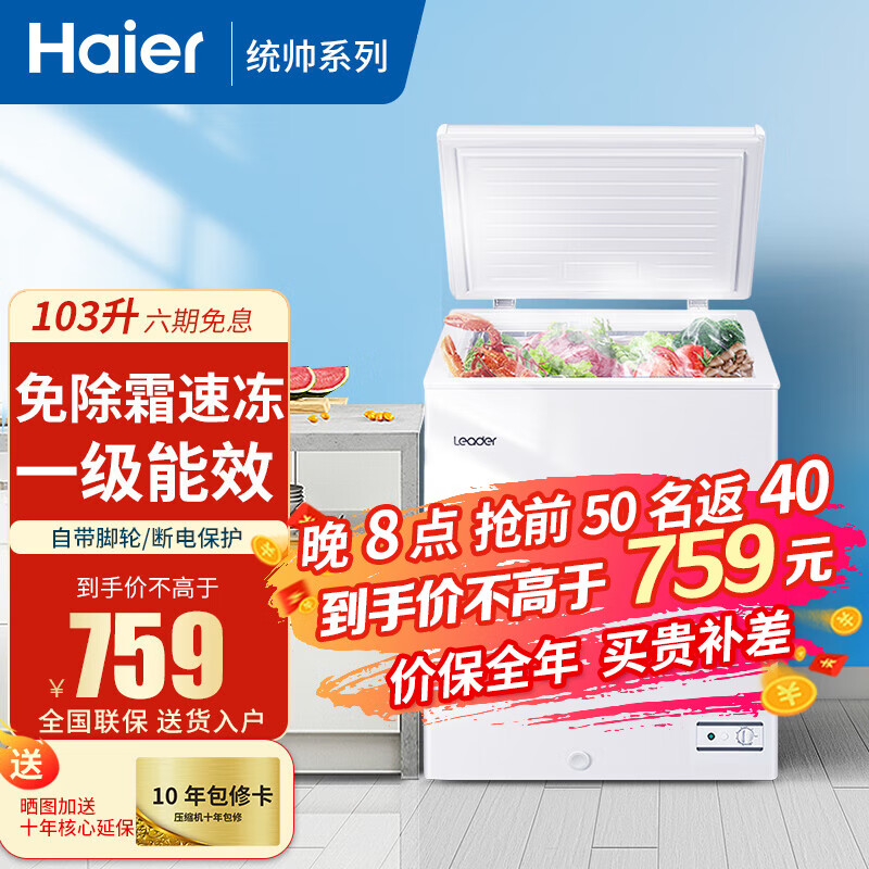 海尔（Haier）【无需除霜】冰柜家用冷柜一级能效节能速冻母婴小冰柜冷藏柜商用冷冻柜 103升免除霜丨带脚轮食品筐