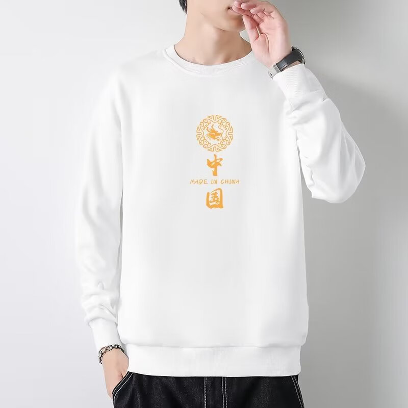 杰硕中国风圆领卫衣长袖国潮流行秋季外套宽松印花男女装学生班服 白色 M