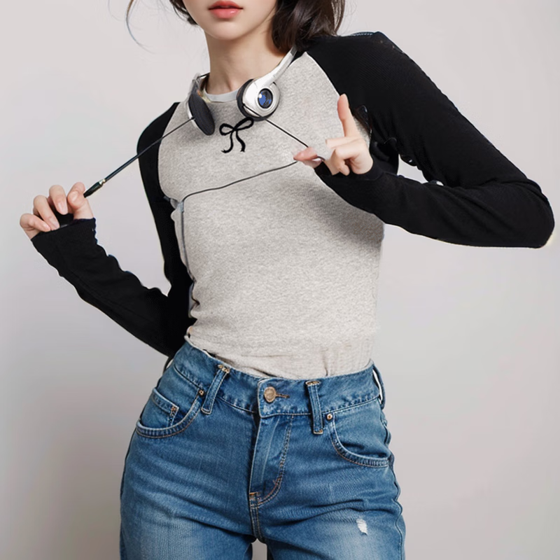 TAKE MOVE秋季撞色拼接圆领长袖T恤女24新款修身显瘦训练健身潮流休闲打底 灰拼黑 S (80-95斤)